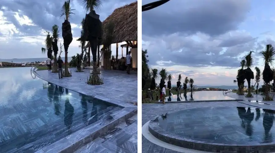 Đá sọc dưa lát bể bơi kết hợp lối đi resort